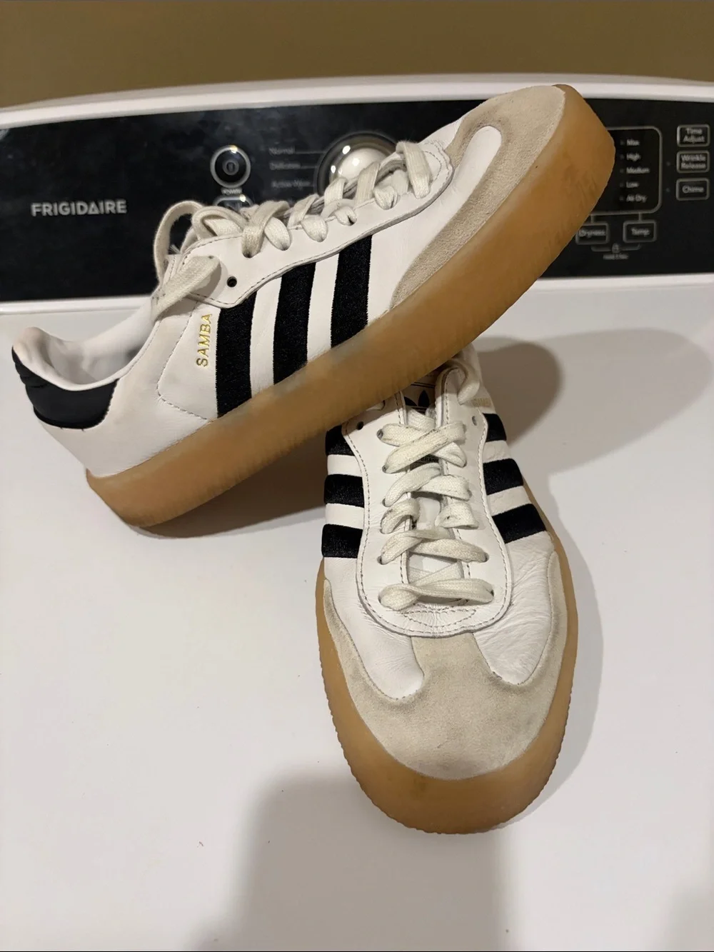 adidas White Sneakers with Black Stripes and Gum Sole